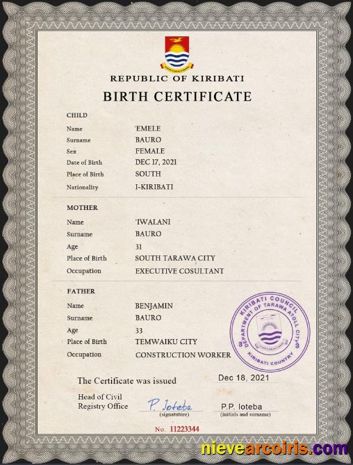 Kiribati vital record birth certificate
